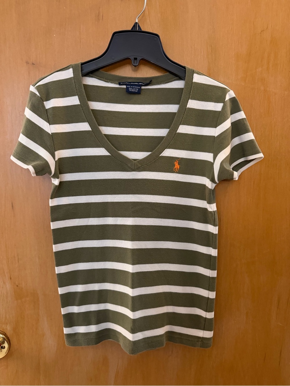 Ralph Lauren Olive & White Striped V‑Neck Tee with Orange Pony